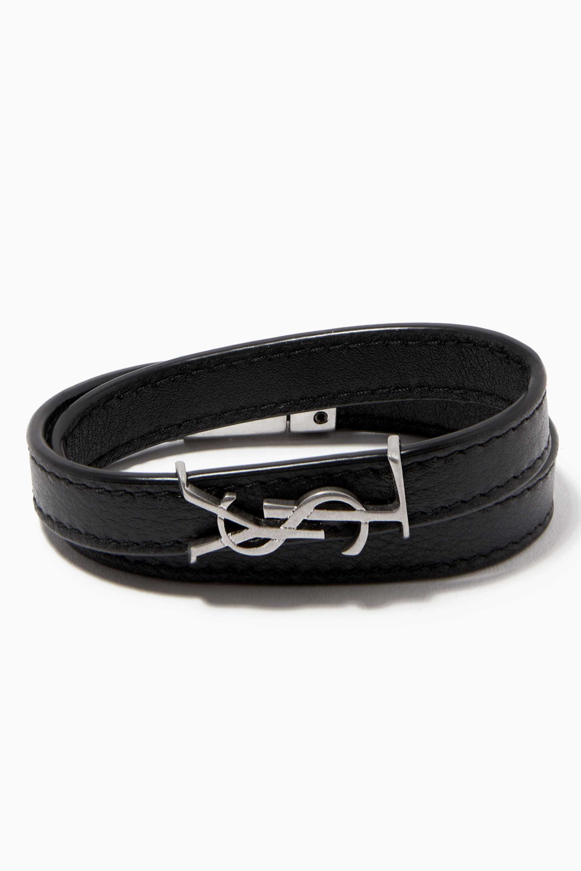 Shop SAINT LAURENT Black Opyum Bracelet in Smooth Leather for 