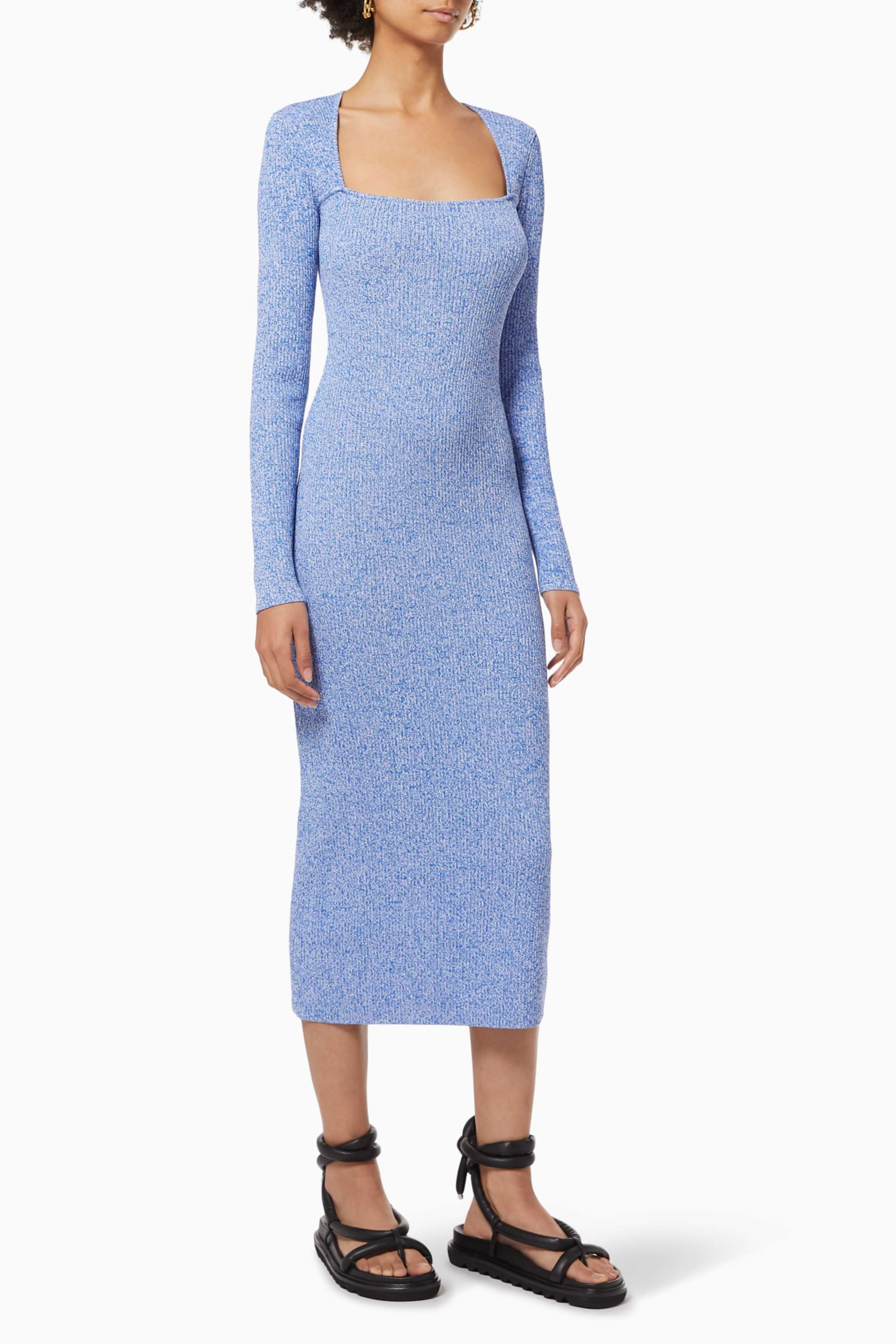 Shop Ganni Blue Fitted Midi Dress in ...